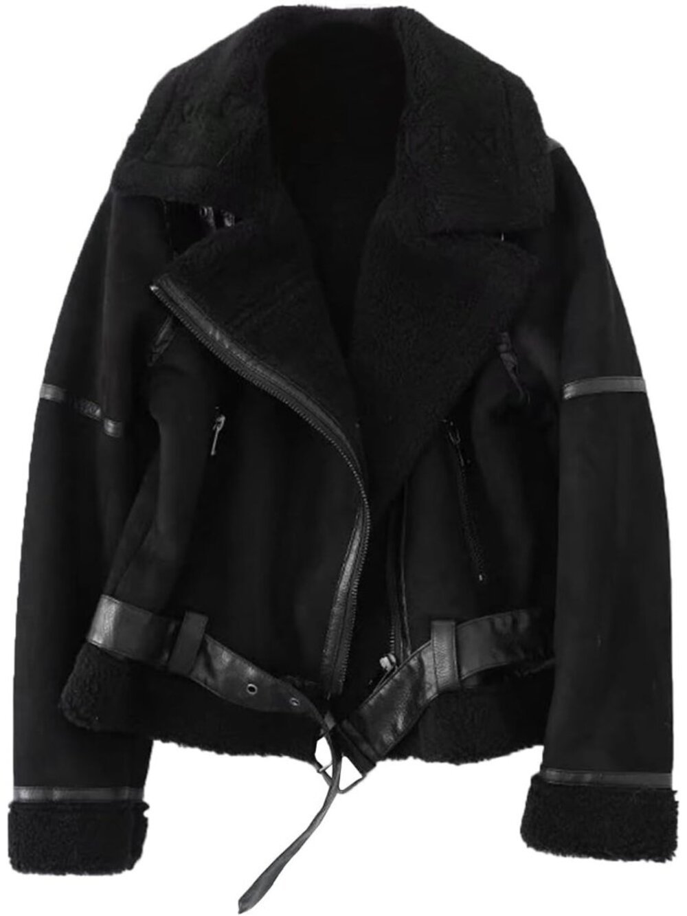 Women’s Faux Suede Lamb Black Faux Shearling Moto Jacket, Thick Lined Winter Par